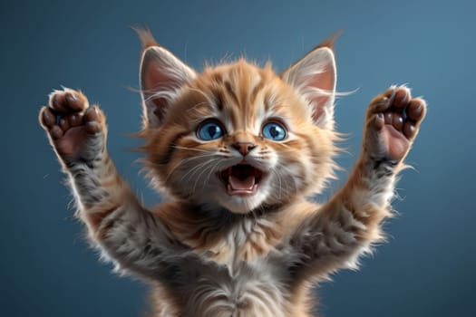 the cat is delighted with his paws raised up, isolated on a blue background .