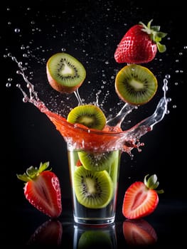 Kiwi in strawberry splashed with water on black with slices of kiwi and fresh strawberry isolated on a black background. Ai generated image