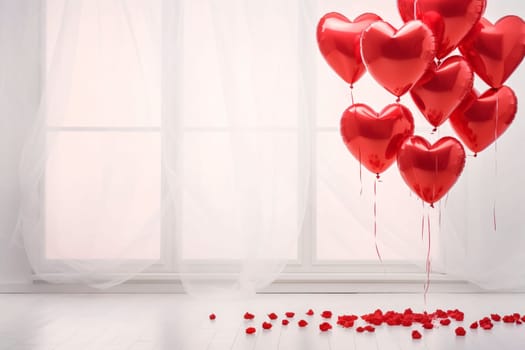 Red balloons in the shape of hearts around scattered rose petals transparent curtain in the background.Valentine's Day banner with space for your own content. White background color. Blank field for the inscription. Heart as a symbol of affection and love.