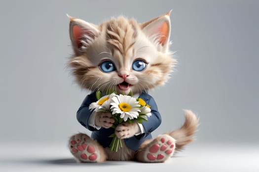 cat in a suit with a gift and flowers .