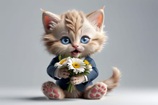 cat in a suit with a gift and flowers .