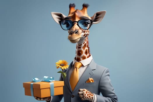 happy giraffe in a suit with a gift and flowers .