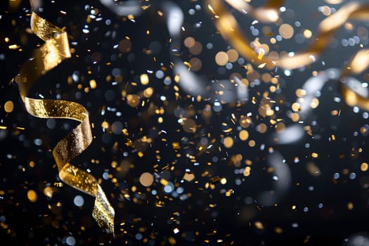 A macro photograph of a gold ribbon and confetti glistening with moisture on a black background, evoking a sense of elegance and luxury