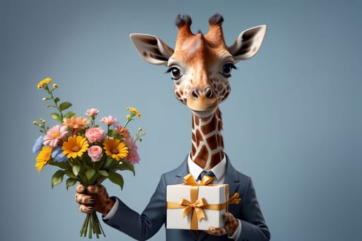 happy giraffe in a suit with a gift and flowers .