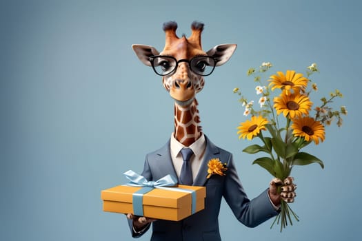 happy giraffe in a suit with a gift and flowers .