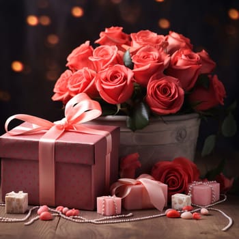 Red roses and a box, a gift with a pink bow on a wooden table. Heart as a symbol of affection and love. The time of falling in love and love.