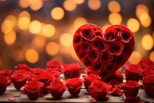 Red heart made of rose petals, scattered petals all around, bright bokeh effect in the background.Valentine's Day banner with space for your own content. Heart as a symbol of affection and love.
