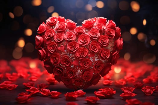 Red heart made of rose petals, scattered petals all around, bright bokeh effect in the background.Valentine's Day banner with space for your own content. Heart as a symbol of affection and love.