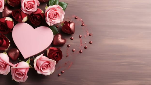 Top view of elegantly arranged roses and hearts on the left.Valentine's Day banner with space for your own content. Heart as a symbol of affection and love.