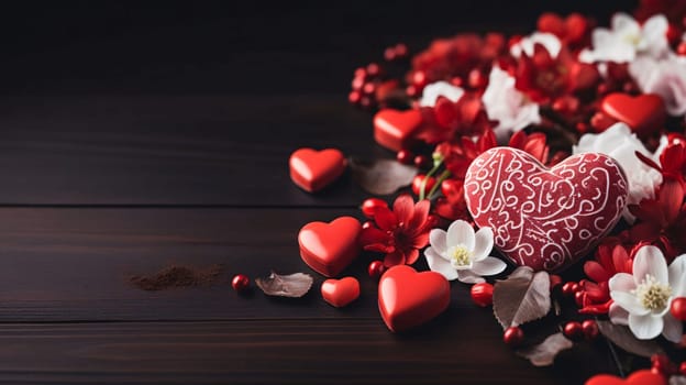 Top view of elegantly arranged flowers and hearts on the right.Valentine's Day banner with space for your own content. Heart as a symbol of affection and love.