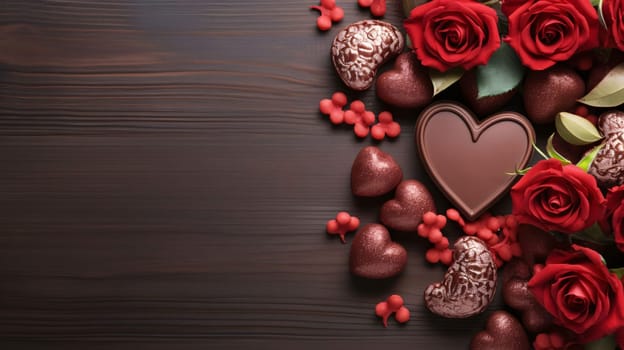 Top view of elegantly arranged red roses and chocolate hearts on the right.Valentine's Day banner with space for your own content. Heart as a symbol of affection and love.