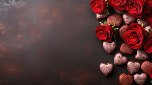 Top view of the elegantly placed red roses and gingerbread hearts on the right.Valentine's Day banner with space for your own content. Heart as a symbol of affection and love.