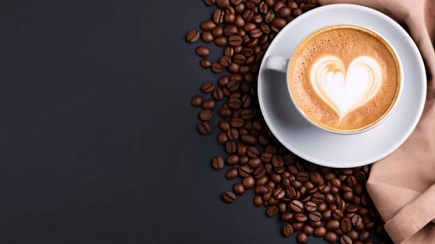 Top view of a coffee cup with a painted heart and scattered coffee beans.Valentine's Day banner with space for your own content. Heart as a symbol of affection and love.