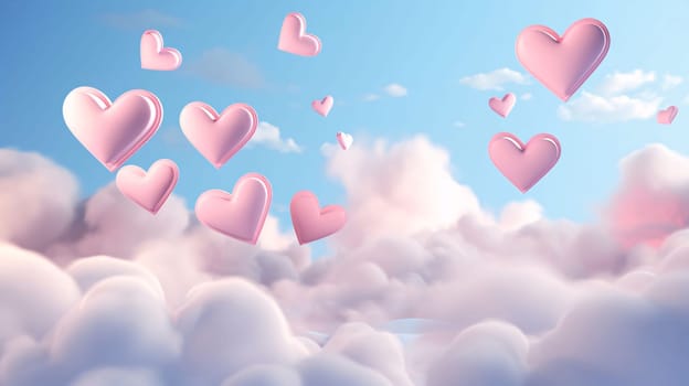 Pink hearts flying in clouds, sky all around.Valentine's Day banner with space for your own content. Heart as a symbol of affection and love.