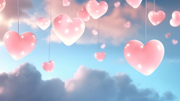 Pink hearts flying in clouds, sky all around.Valentine's Day banner with space for your own content. Heart as a symbol of affection and love.