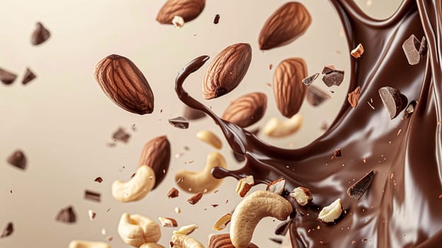 Nuts and chocolate splash, food dessert and confectionery industry