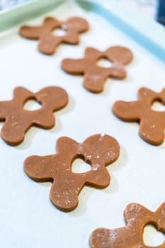 Gingerbread cookies, perfectly chilled and arranged on a baking sheet lined with parchment paper, await their turn to bake in the oven.