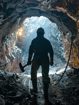 Backlit silhouette of a miner standing in a mine with a shovel over the shoulder