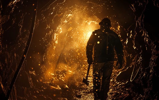 Miner walking in a tunnel, illuminated by a warm golden light, carrying a pickaxe