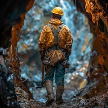 Miner in reflective gear standing in a mine shaft, contemplating the ore-rich passage