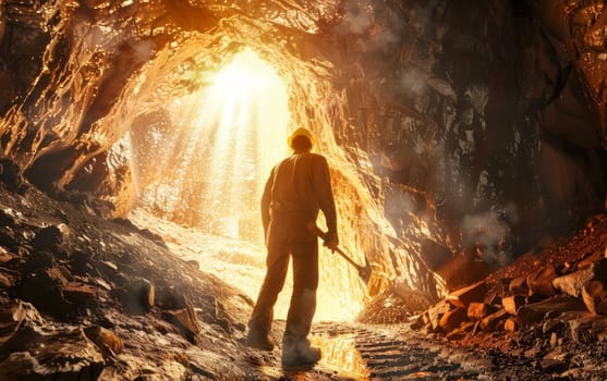 Silhouetted explorer standing in a cave with a beam of sunlight illuminating the rocky interior