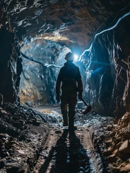 Backlit silhouette of a miner standing in a mine with a shovel over the shoulder