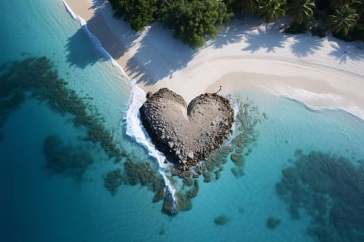 A heart made of sand on the beach, view from a drone. Heart as a symbol of affection and love. The time of falling in love and love.