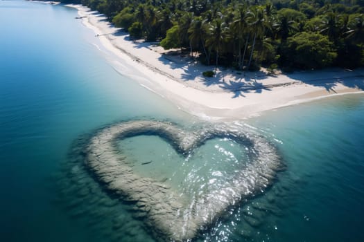 A heart made of stones covered with water on the beach, view from a drone. Heart as a symbol of affection and love. The time of falling in love and love.