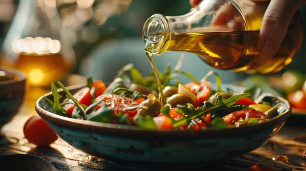 Olive oil salad, A bottle with olive oil pouring into salad, Pouring olive oil from bottle into plate with salad.