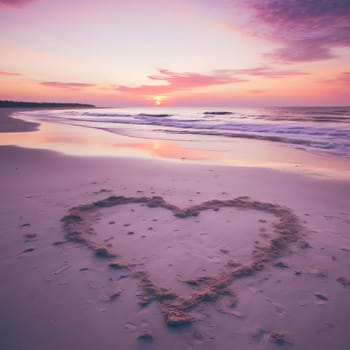 Placed on the sand on the beach at sunset heart. Heart as a symbol of affection and love. The time of falling in love and love.