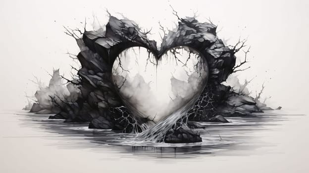 Dark heart with rocks, stones, roots, white background. Heart as a symbol of affection and love. The time of falling in love and love.