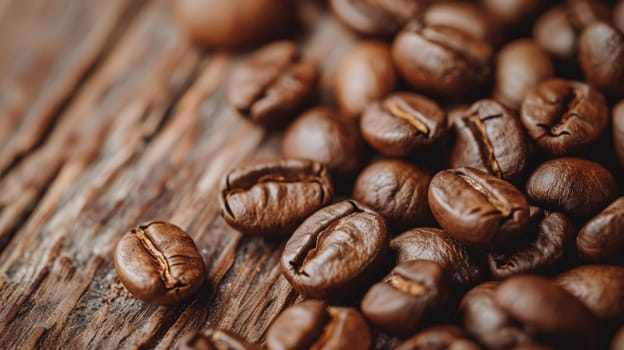 A pile of coffee beans on a wooden surface. The beans are of different sizes and are spread out across the surface. Concept of warmth and comfort, as coffee is often associated with relaxation