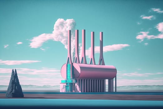 Vaporwave landscape with abstract building with pillars. 80s styled pink and blue minimalistic architectural scene. Generated AI