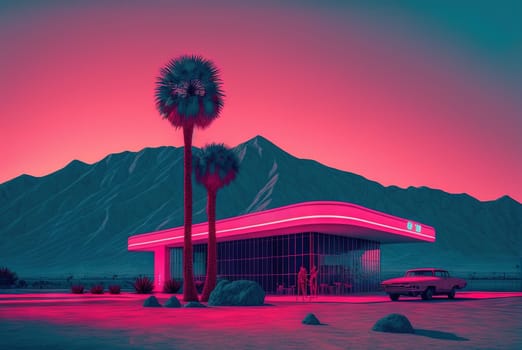 Vaporwave styled landscape with hotel, shop or gas station and parked car. Calm background in 80s style, blue and pink colors. Generated AI