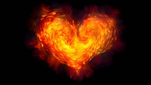 Illustration: A large fiery flaming heart stands out against a dark blue background.