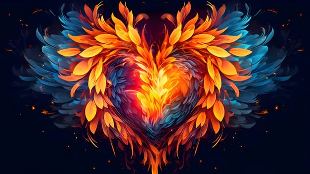 Illustration: A large fiery flaming heart stands out against a dark blue background.