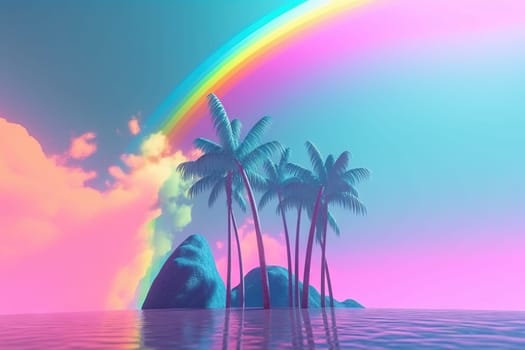 Palm trees and rainbow 80s landscape in vaporwave style. Retrowave vacation background with tropical sunset and palms. Generated AI