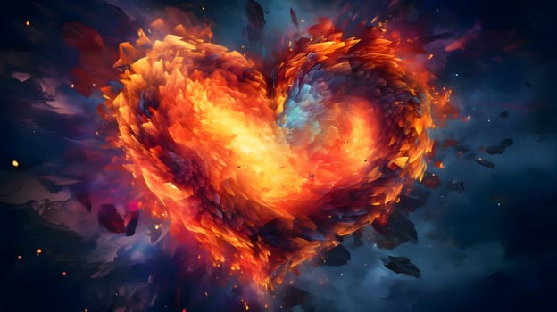 Illustration: A large fiery flaming heart stands out against a dark blue background.