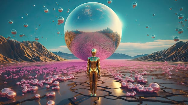 Surreal vaporwave scene with golden ball on the landscape with mountains and sea. 90s styled abstract surreal pink composition. Generated AI