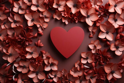 Red heart around red flowers, top view.Valentine's Day banner with space for your own content. Heart as a symbol of affection and love.