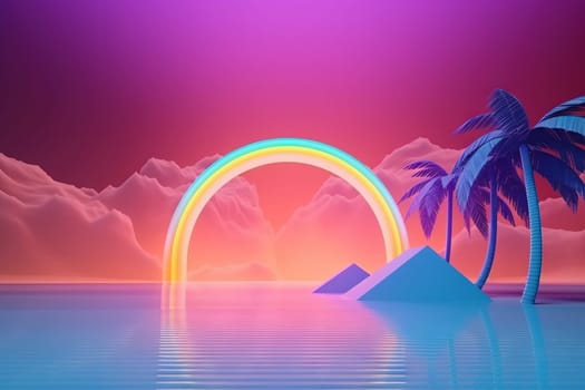 Palm trees and rainbow 80s landscape in vaporwave style. Retrowave vacation background with tropical sunset and palms. Generated AI