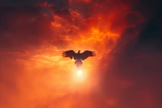 The powerful image of a bird embodying the legendary phoenix flying toward the sun during a vivid sunrise signifies new beginnings