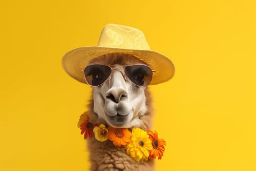 This well-accessorized llama wearing a straw hat and sunglasses presents a whimsical take on summer fashion, set on a sunny backdrop