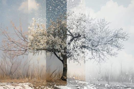 A composite image showing the beautiful transition of a solitary tree through spring, summer, fall, and winter.