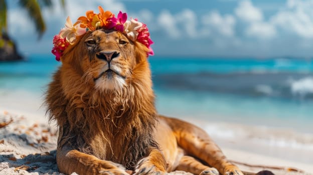 Summer background, A lion with hawaiian costume tropical palm and beach background.