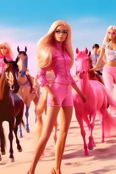 Blonde Barbie in pink outfit, riding horses with other riders. Exciting side view scene against a blurred background.