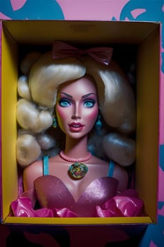 A spooky Barbie doll enclosed in a cardboard box, emitting an eerie vibe. Perfect for a Halloween-themed setup or horror-inspired display.