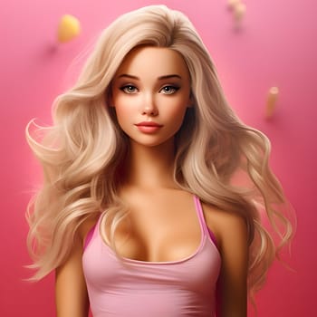 An enchanting illustration of a beautiful young woman with flowing blonde hair, radiating elegance and grace, against a vibrant pink background.