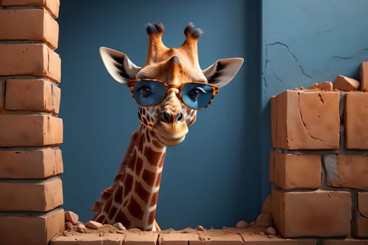 happy giraffe in summer against a brick wall background .