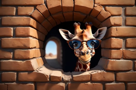 happy giraffe in summer against a brick wall background .